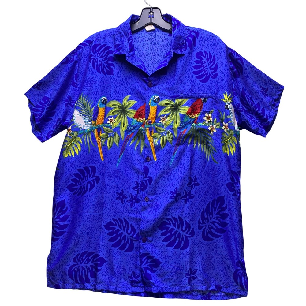 Vintage Hawaiian Shirt Mens Medium Blue‎ AOP Parrot Wrap Around Costal Beachy